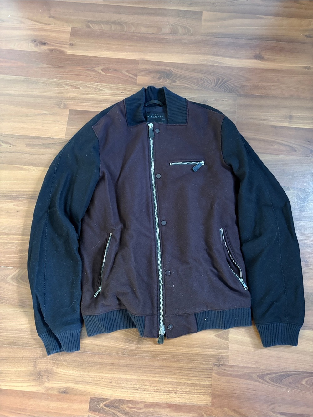 AllSaints Two-Tone Bomber Jacket - Black Sleeves & Burgundy Body